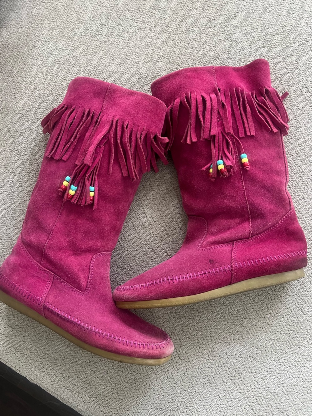 Vintage Carolina Colors Women's Pink Suede Fringe Mid-Calf Boots